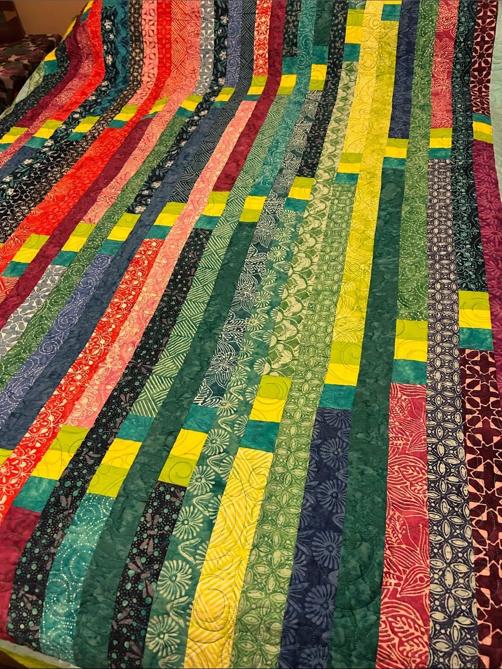 ONE OF A KIND- HANDCRAFTED Multicolor Strip Quilt - Vibrant Green, Blue & Pink